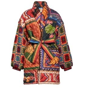 Patchwork tapestry crochet puffer jacket